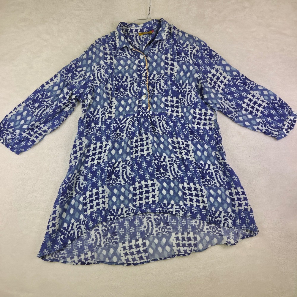 Benares Womens Blue White Block Print High Low Tunic Top 3/4 Sleeve Size L